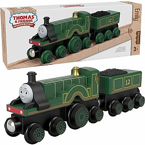 Thomas & Friends Fisher-Price Wooden Railway Emily Engine and Coal Car, Push-Along Train